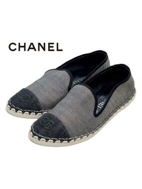 Chanel Flat Shoes Denim Gray Black Coco Mark